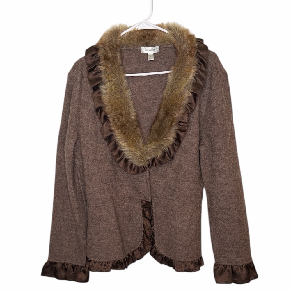DRESSBARN WOMENS BROWN 100% WOOL BOHO FAIX FUR LINED RETRO JACKET SIZE XL